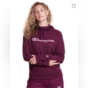 Champion Women's Large Powerblend Fleece Pullover Hoodie Logo Dark Berry Purple